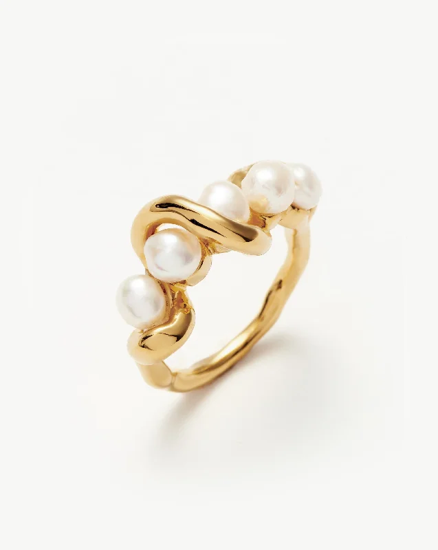 Women’s large statement rings-Molten Pearl Twisted Stacking Ring | 18ct Gold Vermeil/Pearl