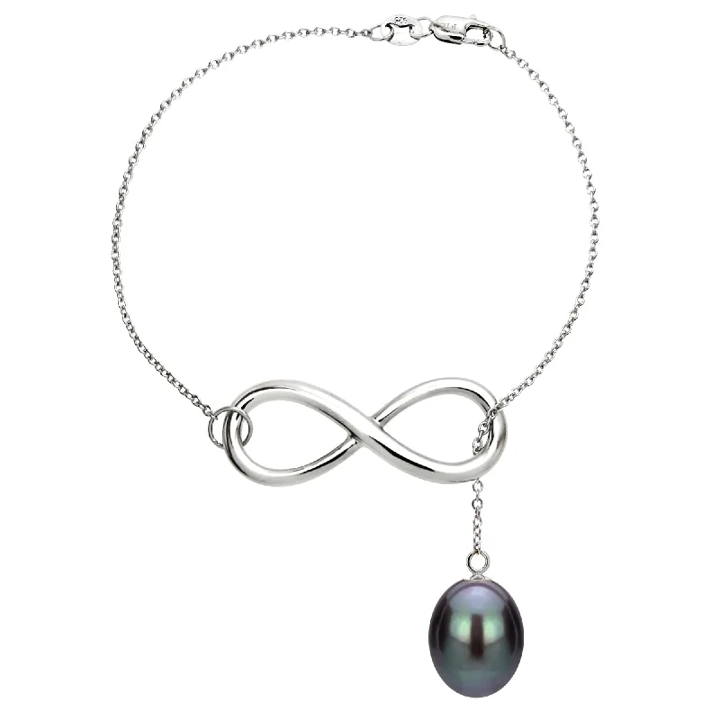 Women’s cuff bracelets-DaVonna Sterling Silver Infinity Bracelet with 8-9mm Black Long Shape Freshwater Pearl, 7.5"