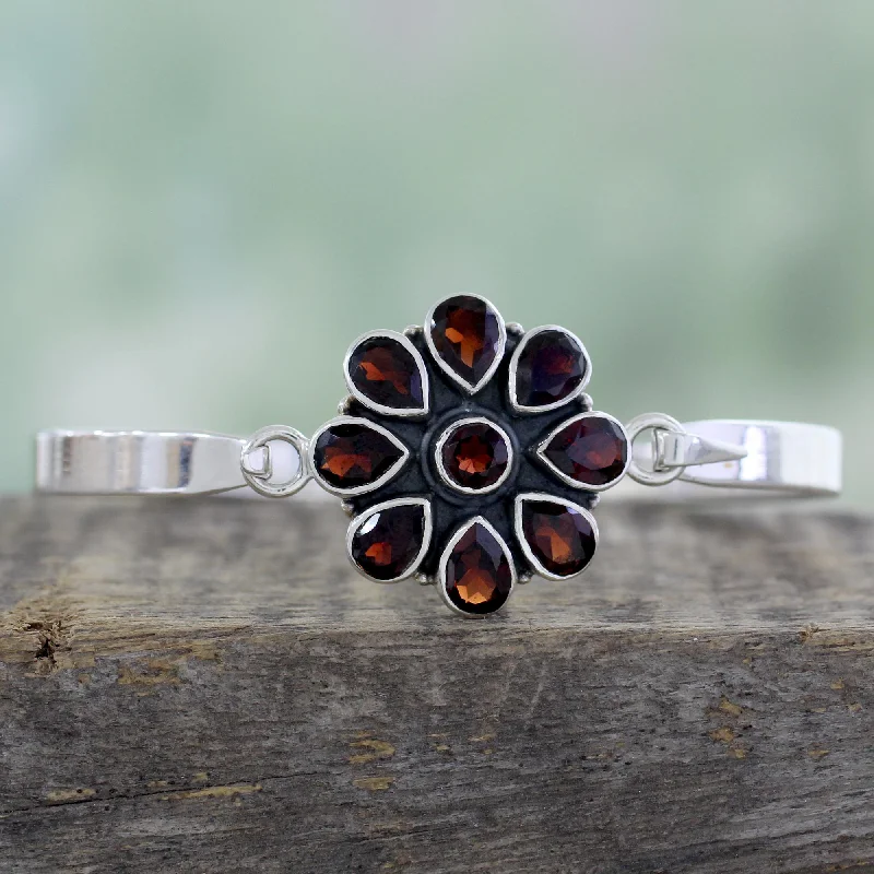 Women’s custom bracelets-Garnet Floral Handmade Garnet and Sterling Silver Floral Bangle Bracelet