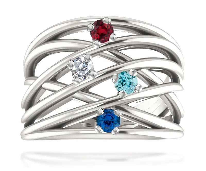 Women’s ruby rings-Wide MultiRow Contemporary Mothers Birthstone Family Silver Ring