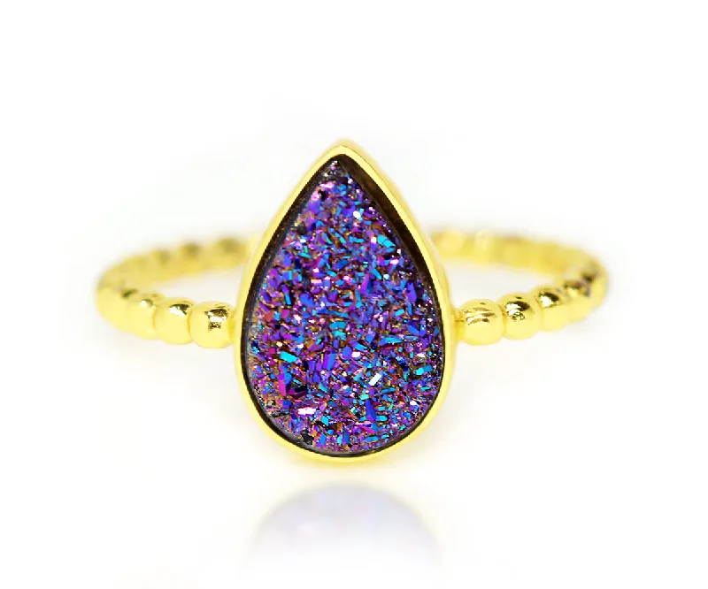 Women’s halo wedding rings-Teardrop Purple Rainbow Druzy Gold Ring