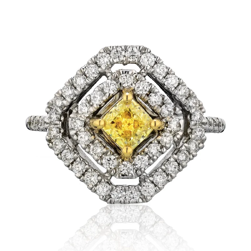 Women’s two-tone engagement rings-Square Shapped with Natural Yellow Center Diamond Ring