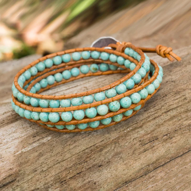 Women’s bangles with gemstones-Blue Caramel Serpentine and Leather Wrap Bracelet from Thailand