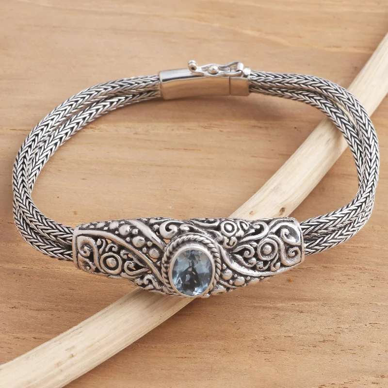 Women’s wrap bangles-Double Naga Balinese Blue Topaz Bracelet with Sterling Silver Naga Chain