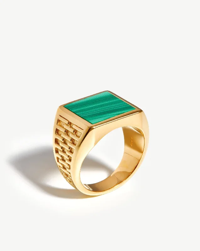 Women’s bold gemstone rings-Fused Woven Gemstone Square Signet Ring | 18ct Gold Vermeil/Malachite