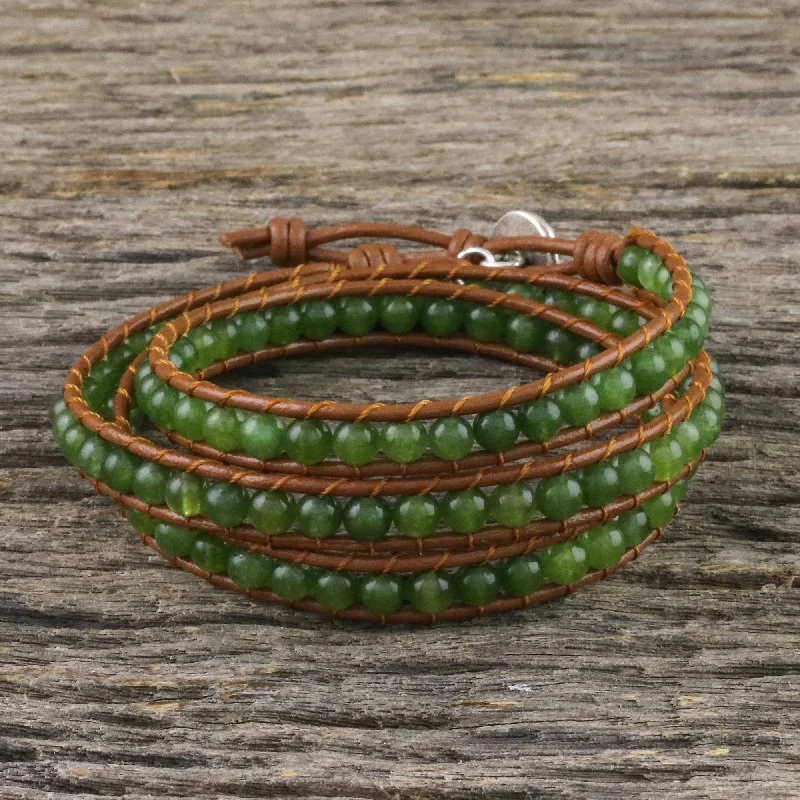 Women’s charm bangle bracelets-Spring Forest Green Quartz Beaded Wrap Bracelet from Thailand