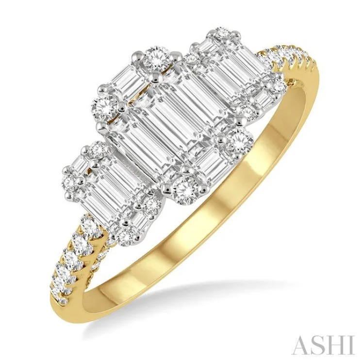 Women’s vintage style engagement rings-7/8 ctw Tri-Mount Fusion Baguette and Round Cut Diamond Engagement Ring in 14K Yellow and White gold