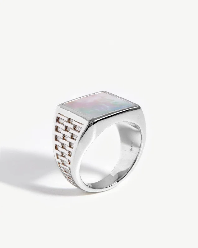 Women’s wedding ring sets-Fused Woven Gemstone Square Signet Ring | Sterling Silver/Mother of Pearl