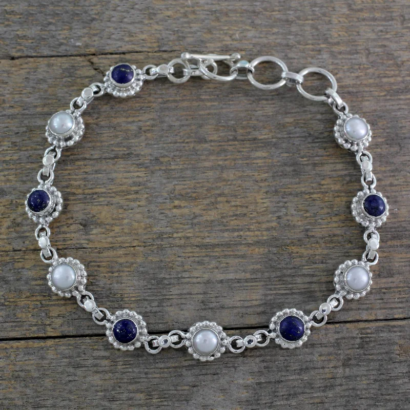 Women’s wide bangles-Petite Flowers Cultured Pearl Floral Bracelet in Silver with Lapis Lazuli