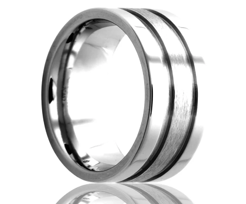 Women’s black diamond rings-Cobalt Flat Double Grooved Ring