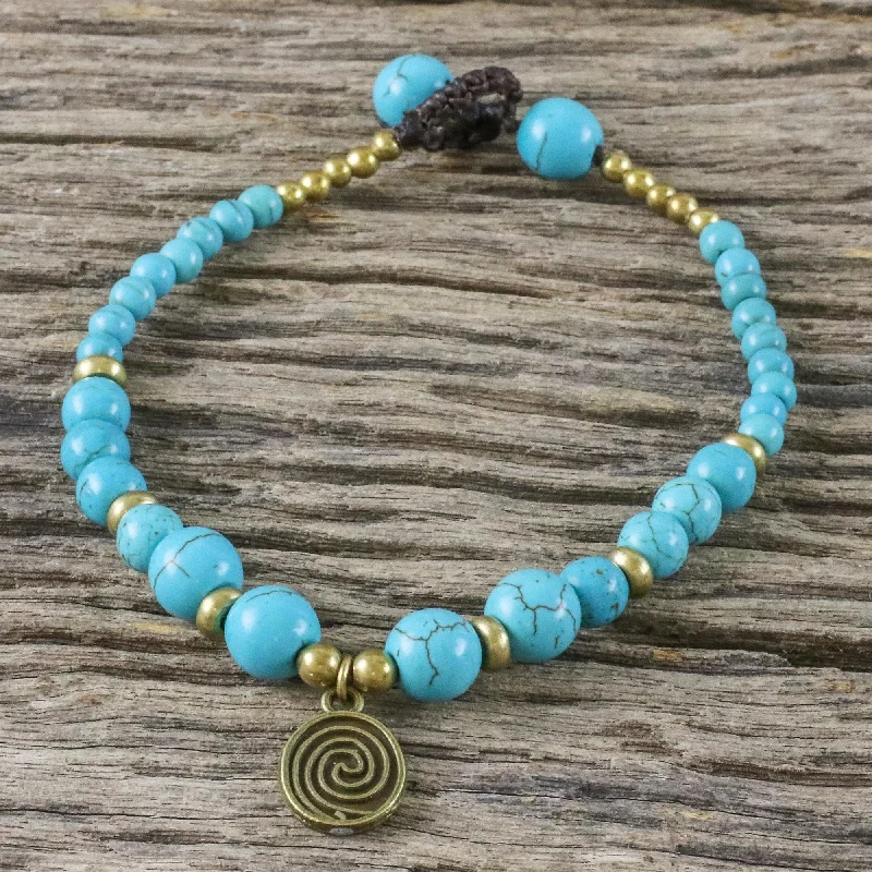 Women’s moonstone bracelets-Andaman Waves Turquoise Colored Bead Bracelet with Brass Charm