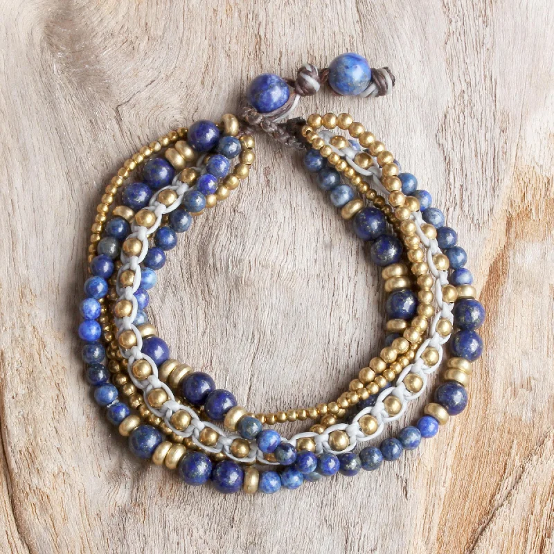 Women’s engraved bangles-Brisk Ocean Brass and Lapis Lazuli Multi-Strand Beaded Bracelet