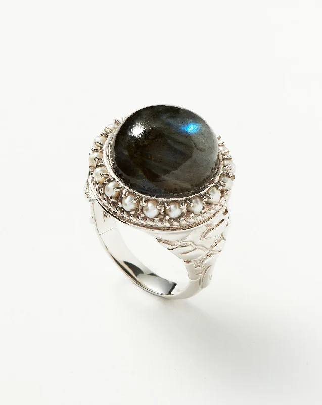 Women’s black diamond rings-Harris Reed Labradorite Cocktail Ring | Silver Plated/Pearl & Labradorite