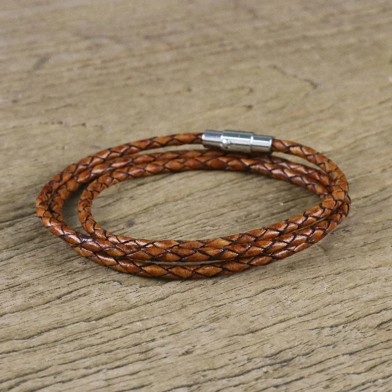 Women’s intertwined bracelets-Brown Charm 23 Inch Braided Brown Leather Wrap Bracelet from Thailand