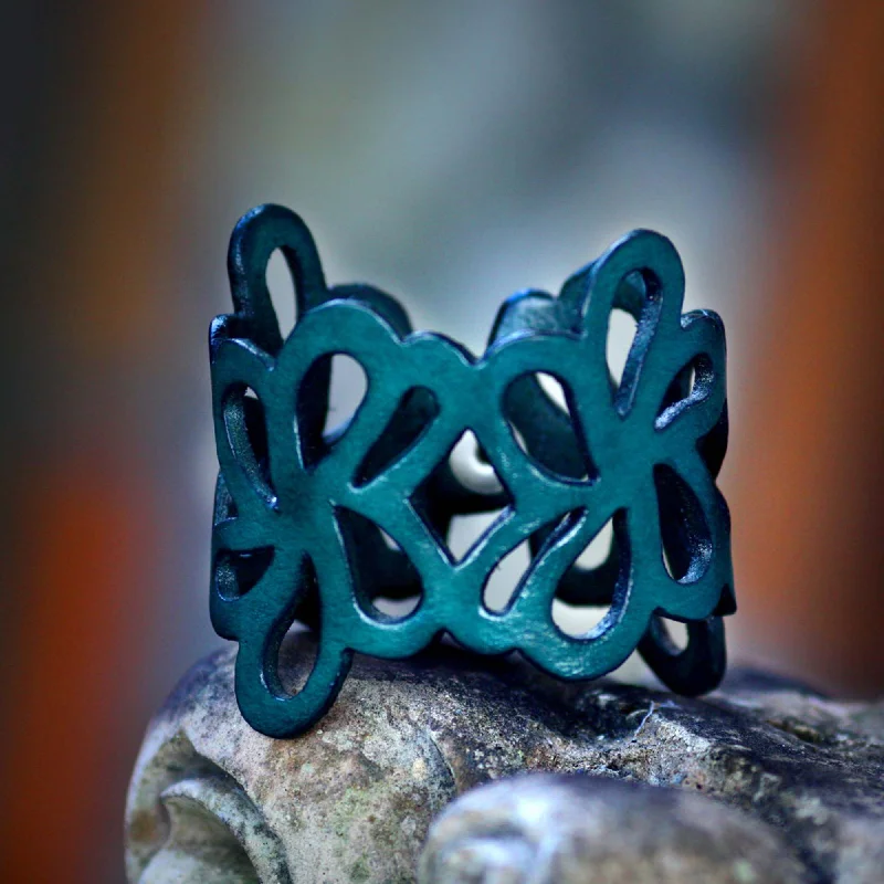 Women’s personalized bracelets-Dark Teal Petals Leather Cuff Bracelet