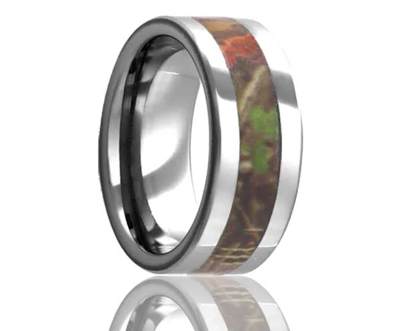 Women’s personalized rings-Flat Timber Leaf Camo Tungsten Ring