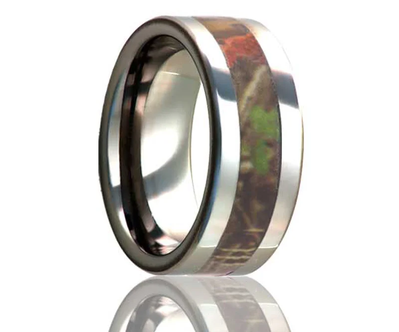 Women’s stackable rings-Flat Edge Timber Leaf Camo Titanium Ring