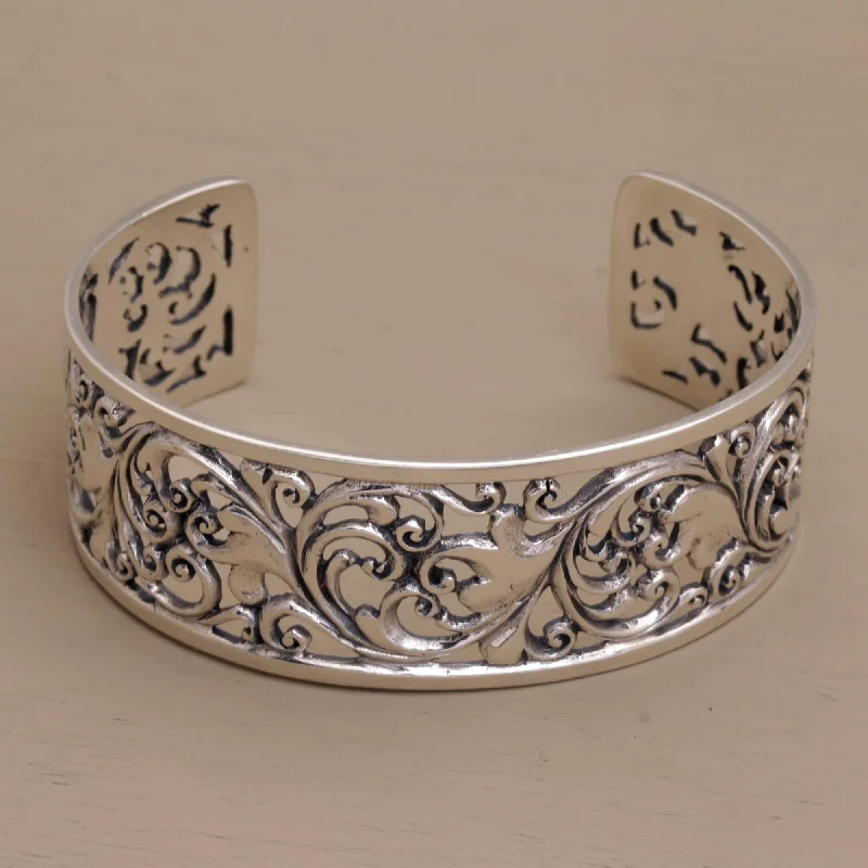 Women’s cuff bracelets-Undergrowth Detailed Sterling Silver Vine and Leaf Cuff Bracelet