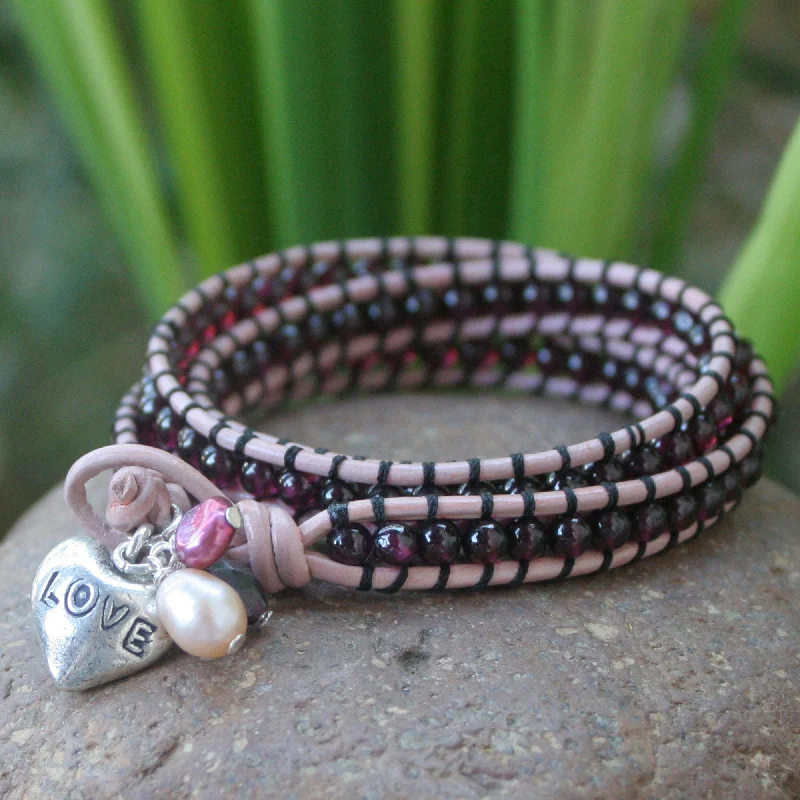 Women’s wrap bangles-Love Glows Beaded Garnet and Pearl Wrap Bracelet