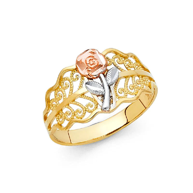 Women’s fashion rings-14K Solid Gold Fancy Flower Ring