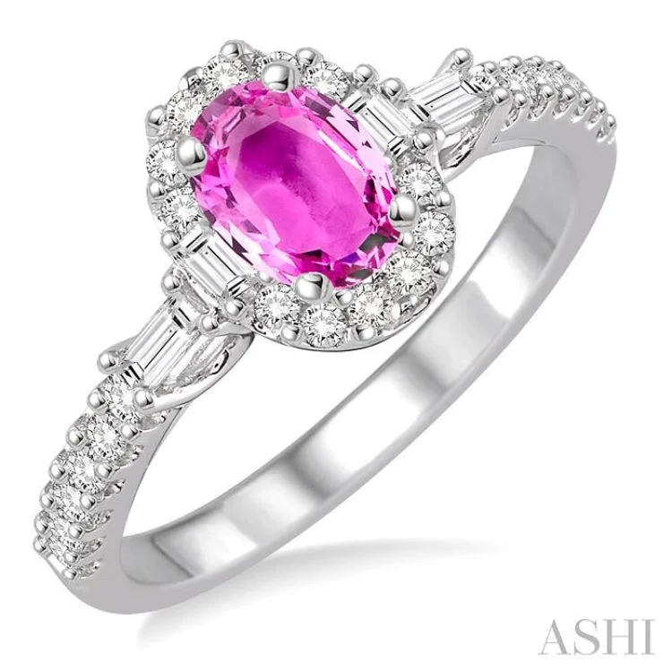 Women’s engagement rings with vintage diamonds-6x4 MM Oval Shape Pink Sapphire and 3/8 Ctw Diamond Ring in 14K White Gold