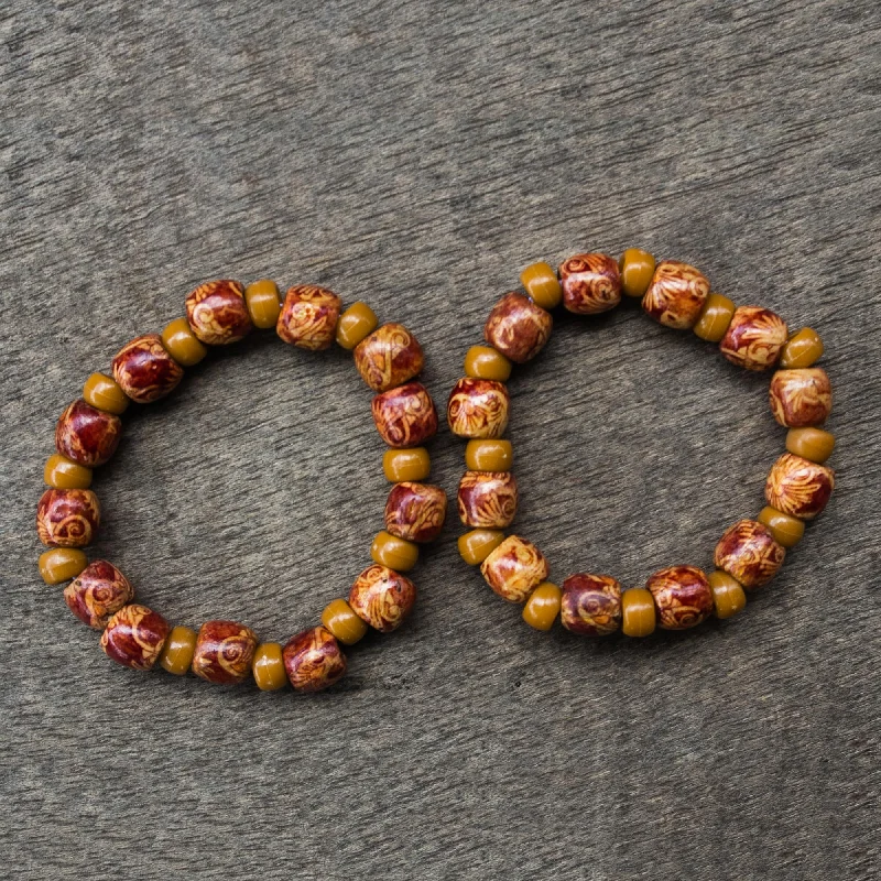 Women’s beaded bracelets-African Grace 2 Red and Brown Floral Beaded Wood Stretch Bracelets