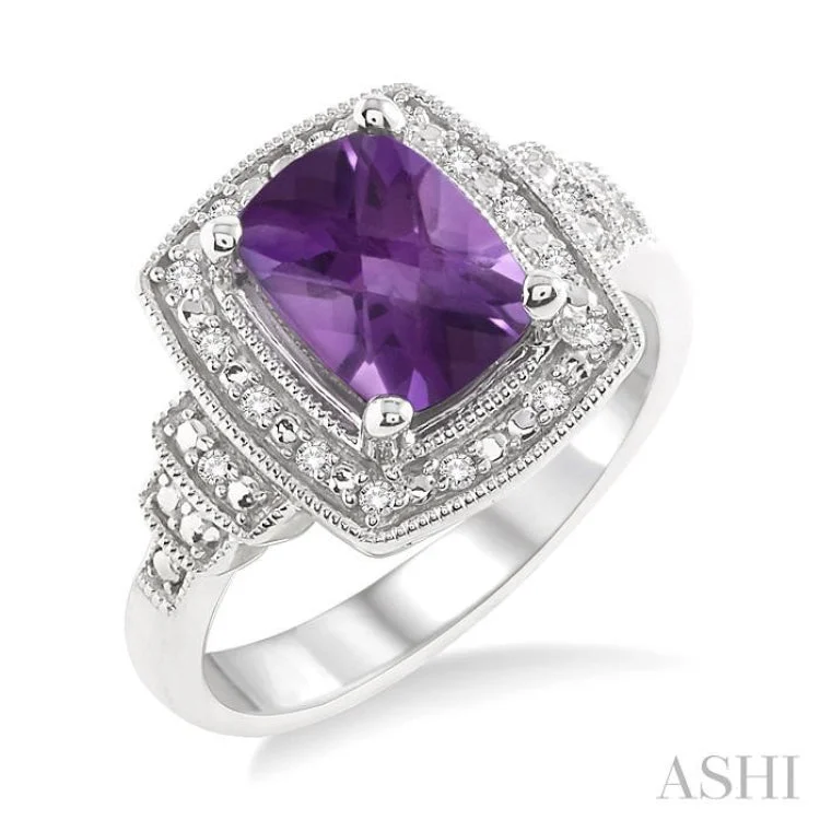 Women’s engagement rings with side stones-9x7MM Cushion Cut Amethyst and 1/10 Ctw Single Cut Diamond Ring in Sterling Silver