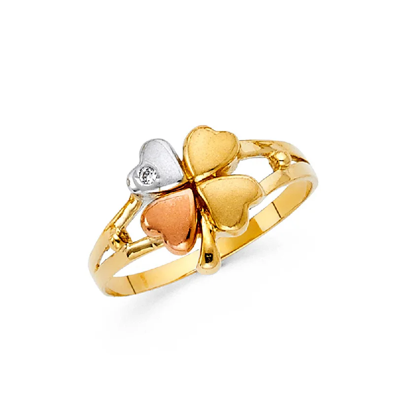 Women’s titanium rings-14K Solid Gold CZ Fancy 4 Leaf Clover Ring