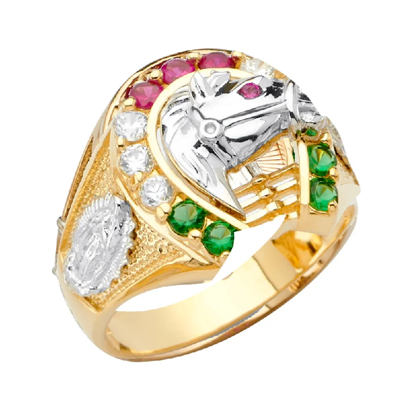 Women’s emerald wedding rings-14K Solid Gold CZ Horse Shoe & Head With Guadalupe Ring