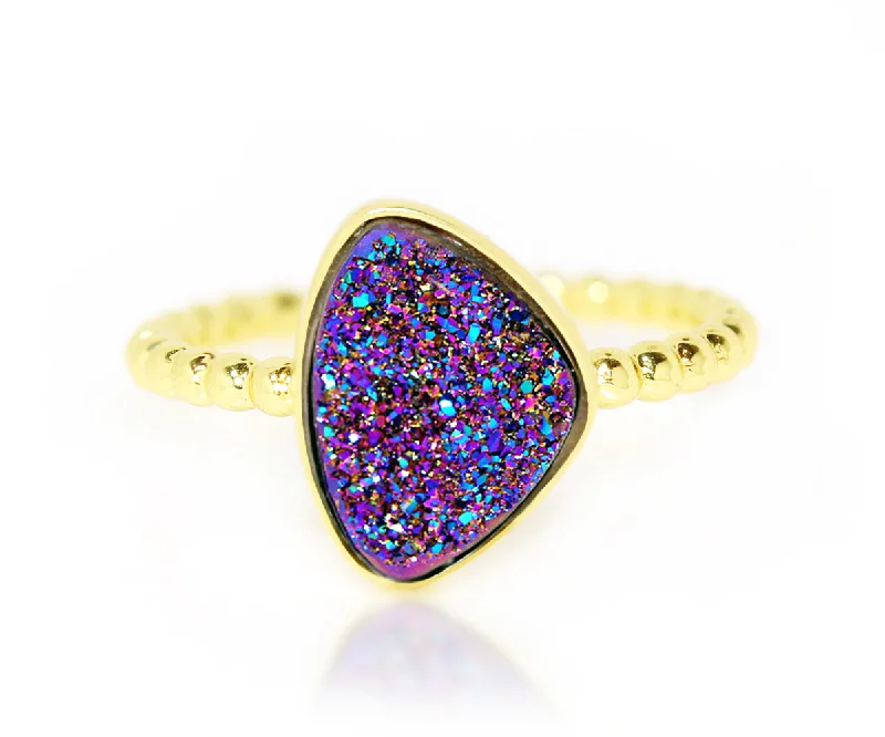 Women’s statement engagement rings-Trillion Purple Rainbow Druzy 14k Gold Vermeil Ring