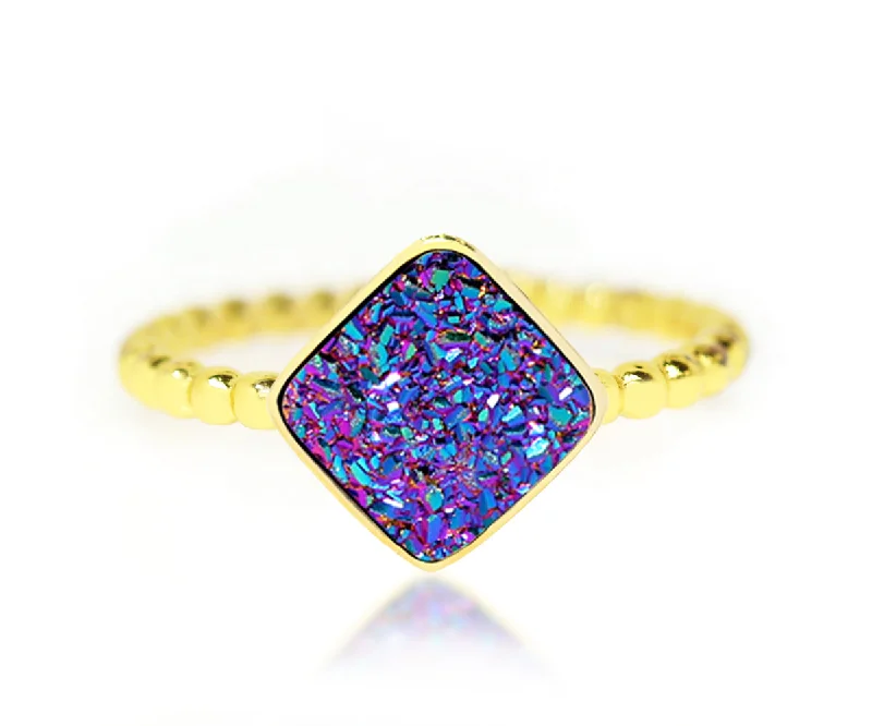 Women’s engagement rings with sapphires-Small Square Purple Rainbow Druzy 14k Gold Vermeil Ring