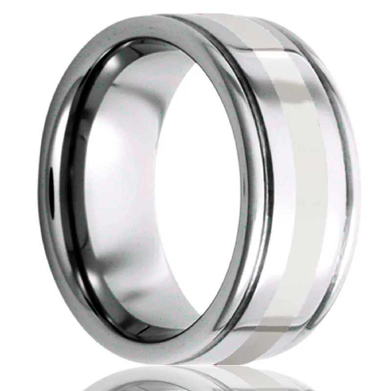 Women’s custom rings-Men's Deep Grooved Tungsten Ring With Patinum Inlay