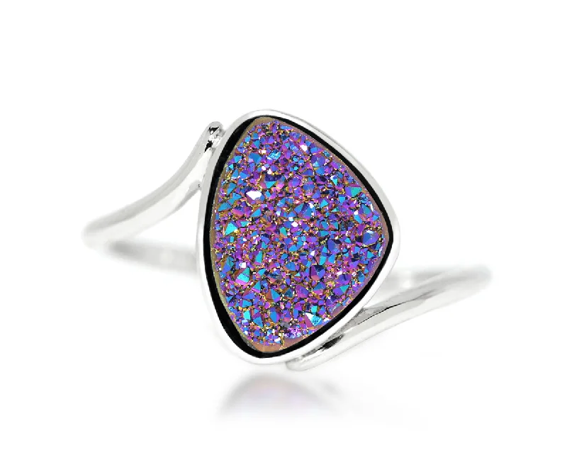 Women’s engraved rings-Bypass Trillion Purple Rainbow Druzy Ring