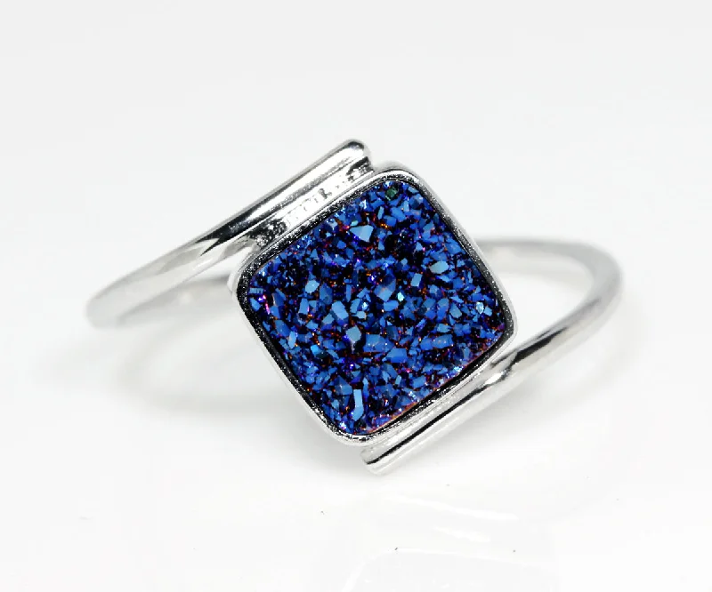 Women’s minimalist rings-Bypass Square Blue Druzy Ring