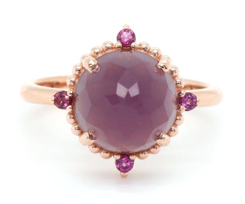 Women’s vintage rings-Beaded Halo Sage Chalcedony Garnet Rose Gold Ring