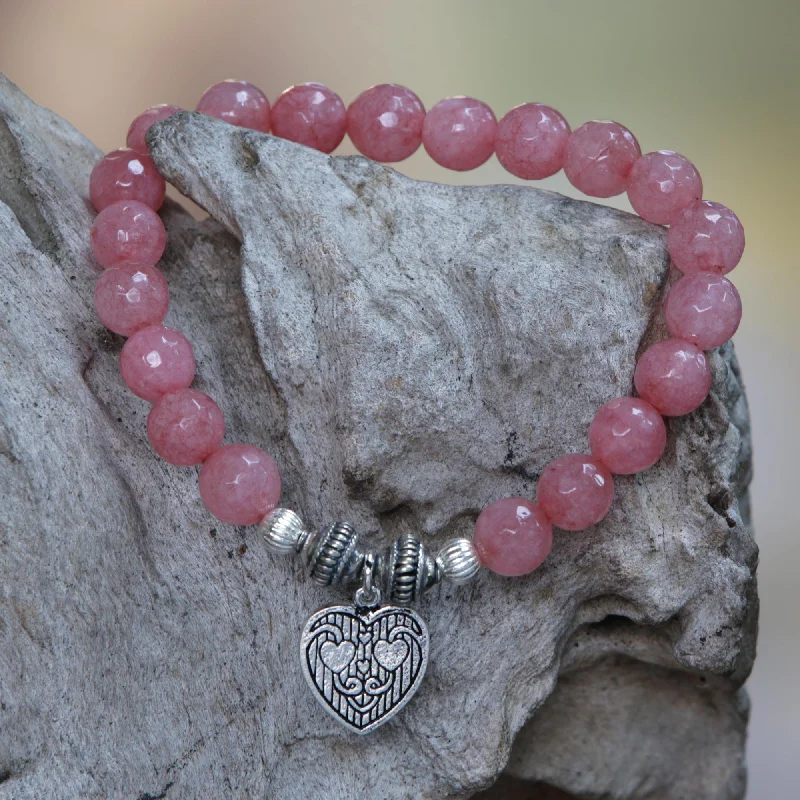 Women’s adjustable leather bracelets-Sentimental Charm Pink Agate and Heart Charm Beaded Bracelet from Bali