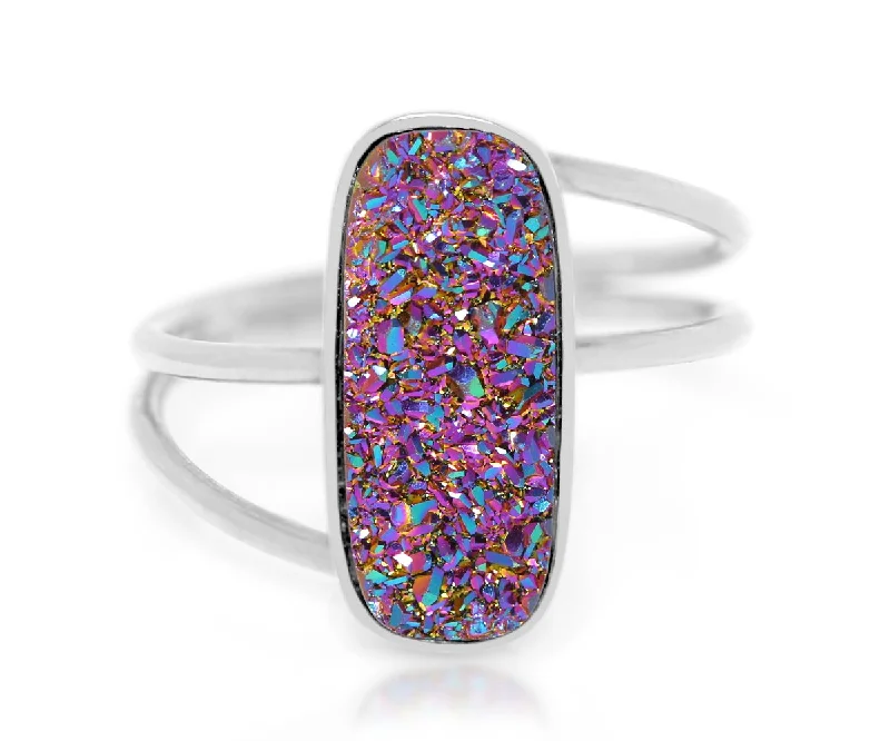 Women’s handmade rings-Double Twist Rectangle Purple Rainbow Druzy Ring