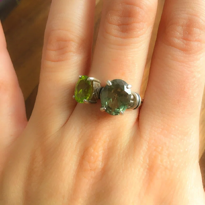 Women’s engagement rings with birthstones-Peridot Ring - Green Diamond Ring - Vintage Two Stone Ring