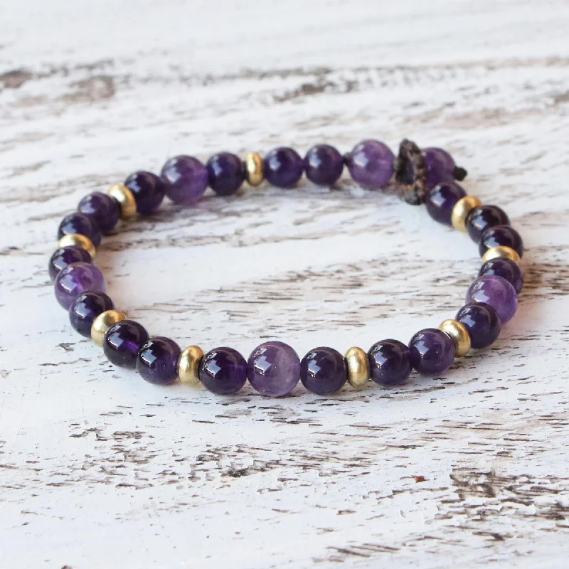 Women’s silver bracelets-Beautiful Thai in Purple Amethyst and Brass Beaded Bracelet from Thailand