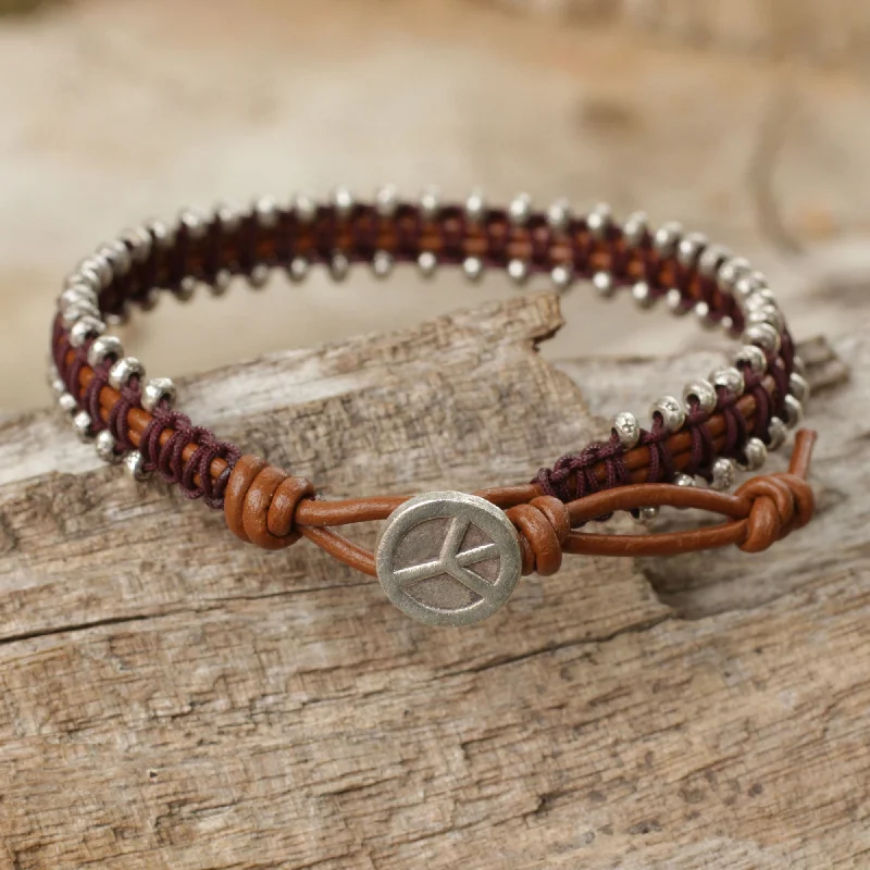 Women’s boho bracelets-Peaceful Tribe Thai Hill Tribe Silver Beaded Bracelet on Leather Cords