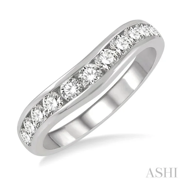 Women’s non-traditional engagement rings-3/4 Ctw Round Cut Diamond Inlay Wedding Band in 14K White Gold