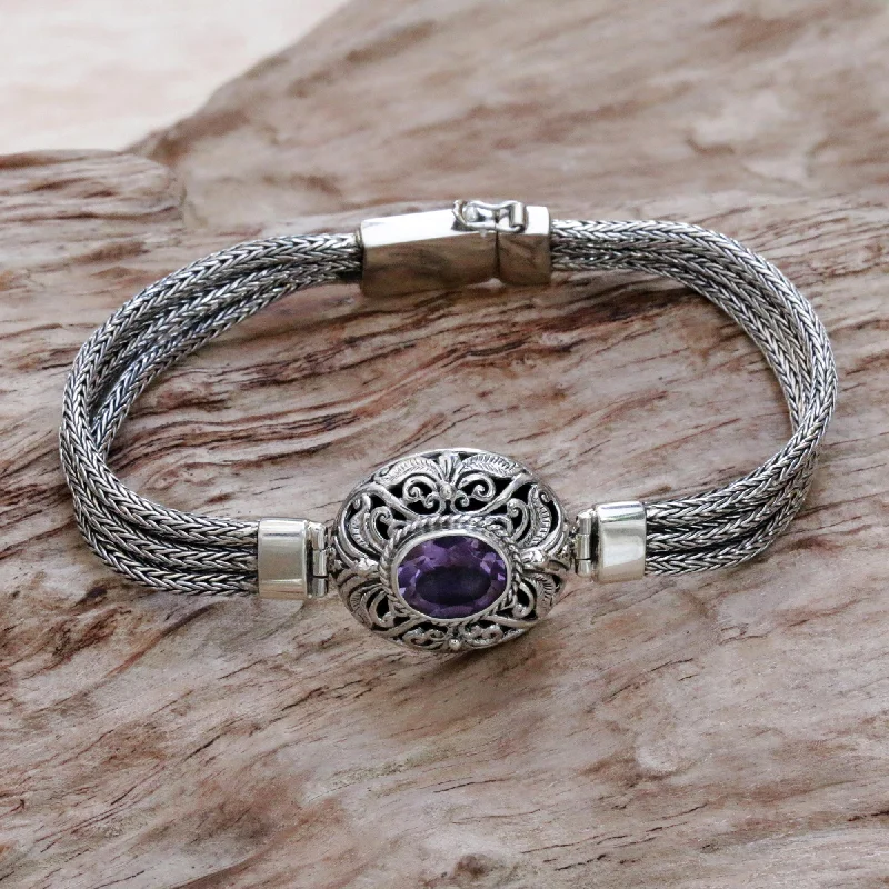 Women’s flower bracelets-Faith Protector Sterling Silver and Amethyst Pendant Bracelet from Indonesia