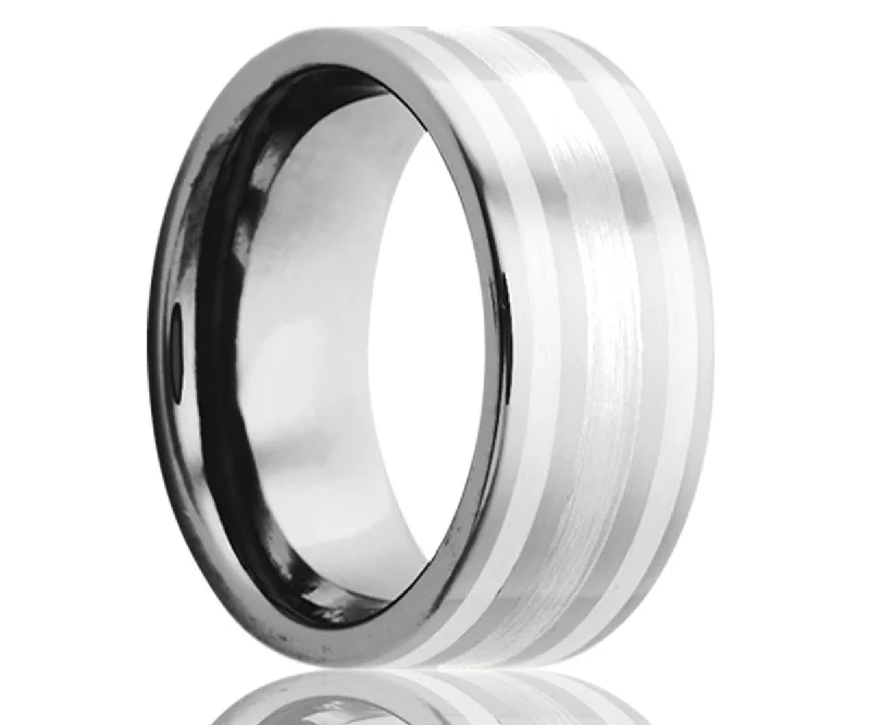 Women’s sterling silver rings-Flat Tungsten Argentium Silver Inlay Ring