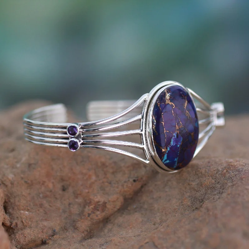 Women’s bangles with gemstones-Violet Island Amethyst and Composite Turquoise Silver Cuff Bracelet