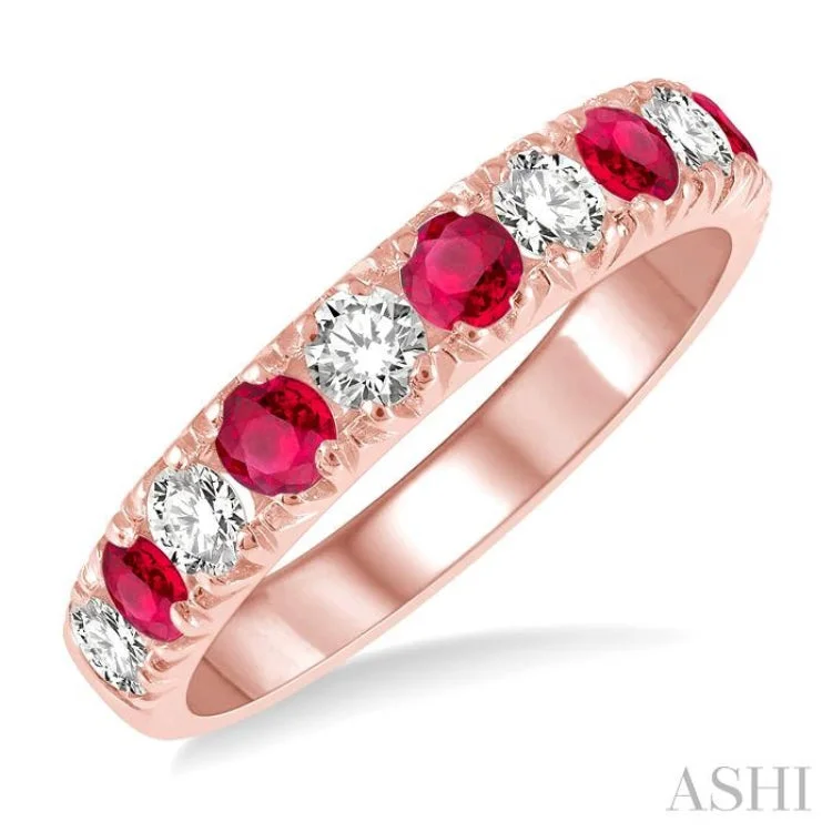 Women’s two-tone engagement rings-1/2 ctw Round Cut Diamond and 2.9MM Ruby Precious Wedding Band in 14K Rose Gold