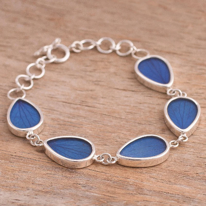 Women’s luxury silver bracelets-Petal Rain in Blue Blue Hydrangea Leaf Sterling Silver Teardrop Link Bracelet