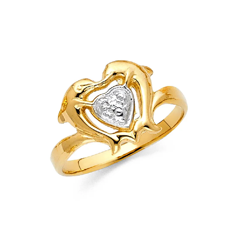 Women’s vintage diamond rings-14K Solid Gold Fancy Dolphin with Heart Ring