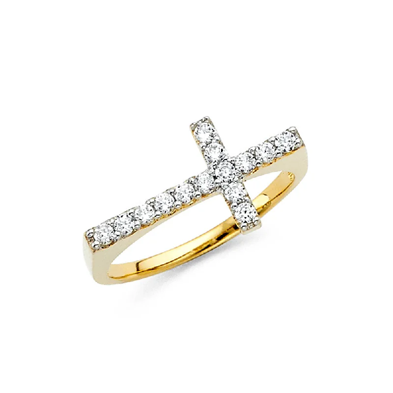 Women’s men’s style rings-14K Solid Gold CZ Sideways Cross Fancy Ring