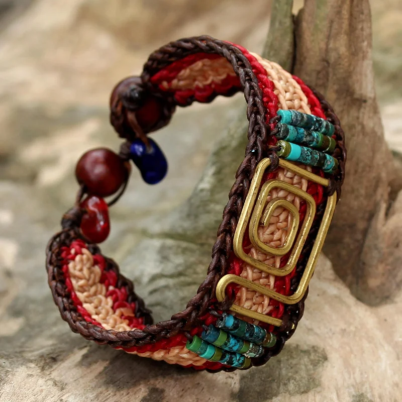 Women’s custom bracelets-Siam Maze Beige and Red Brass and Reconstituted Turquoise Bracelet