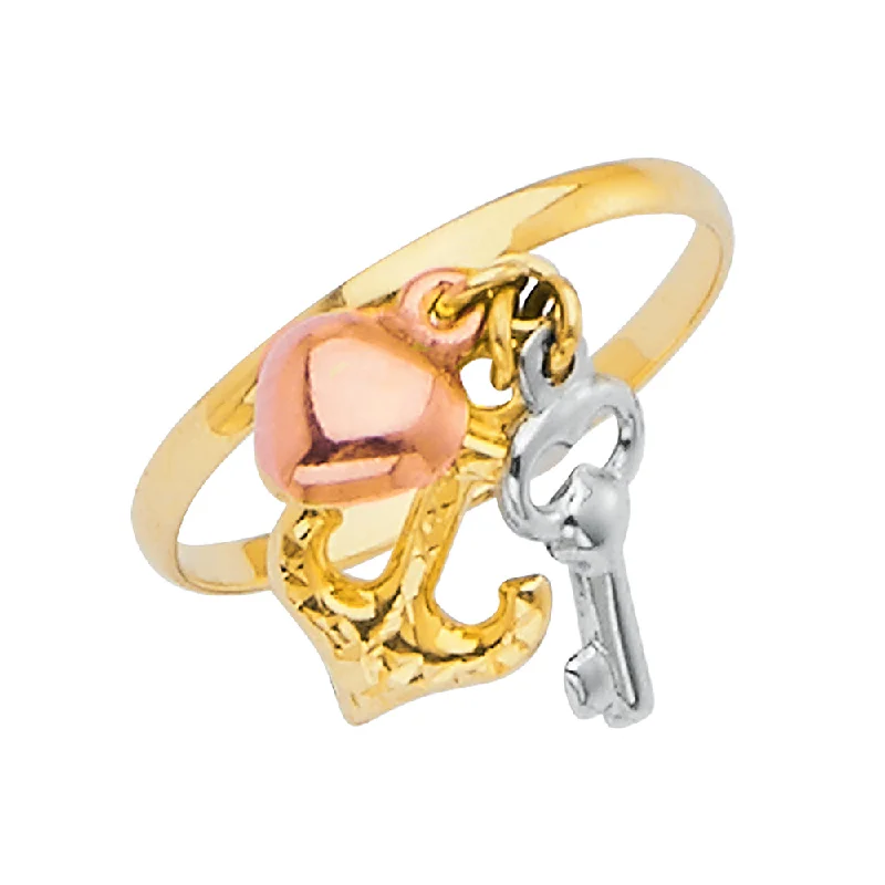 Women’s bold gemstone rings-14K Solid Gold Ring with Hanging Heart, Nautical Anchor and Key